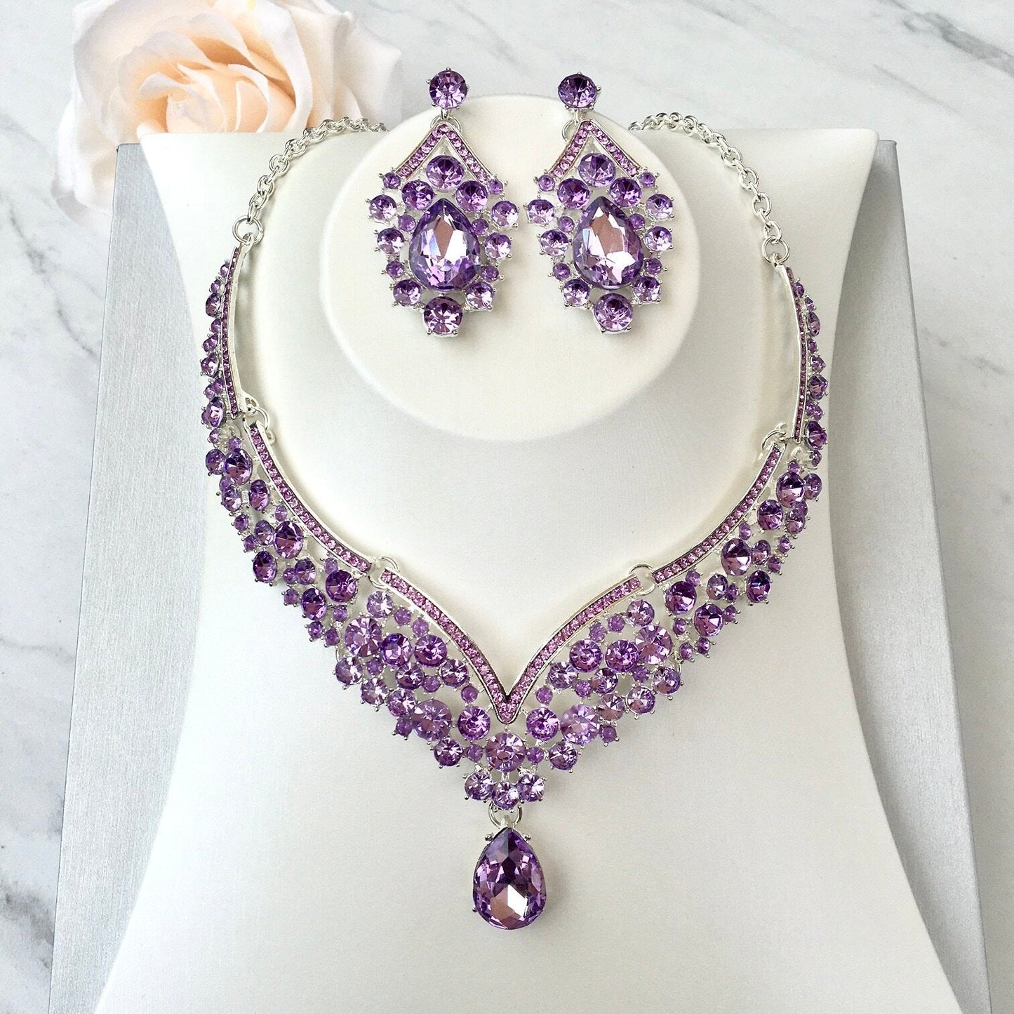 Kori - Purple Crystal 3-Piece Bridal Jewelry Set With Tiara - Available in Silver and Gold