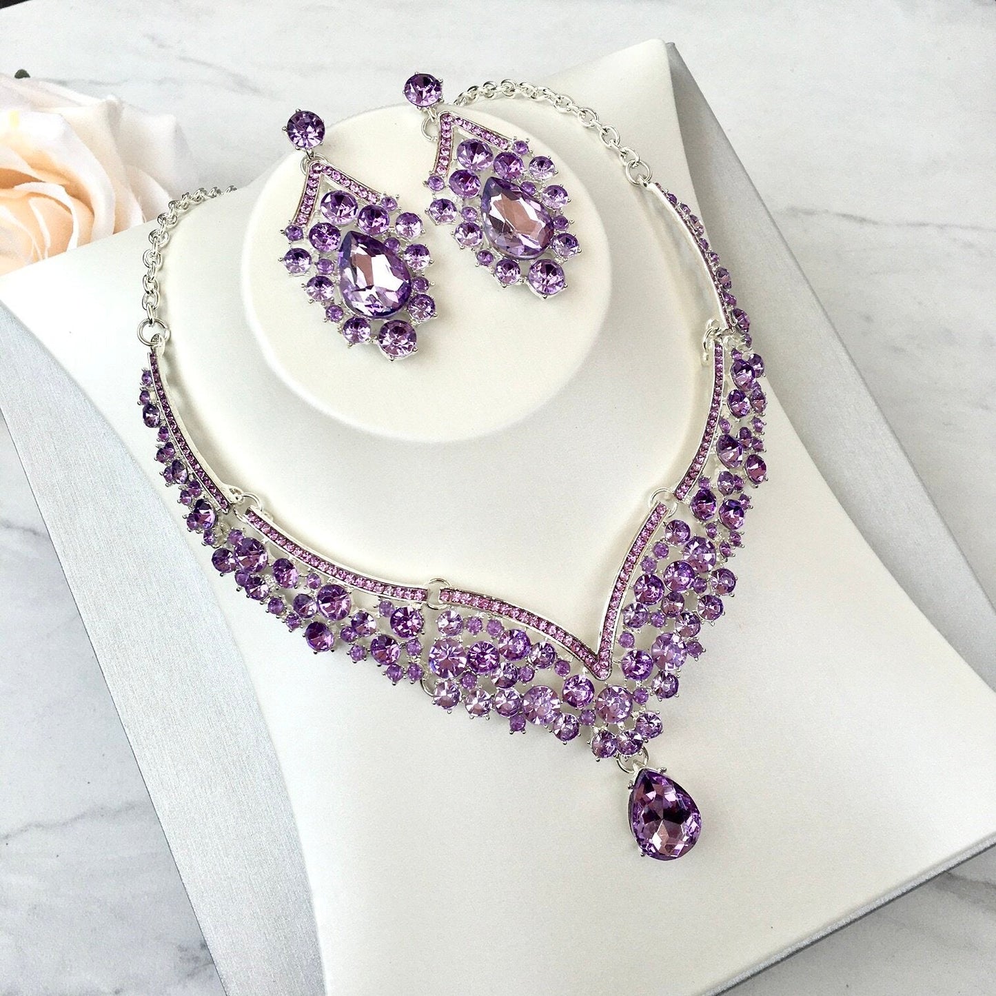 Kori - Purple Crystal 3-Piece Bridal Jewelry Set With Tiara - Available in Silver and Gold