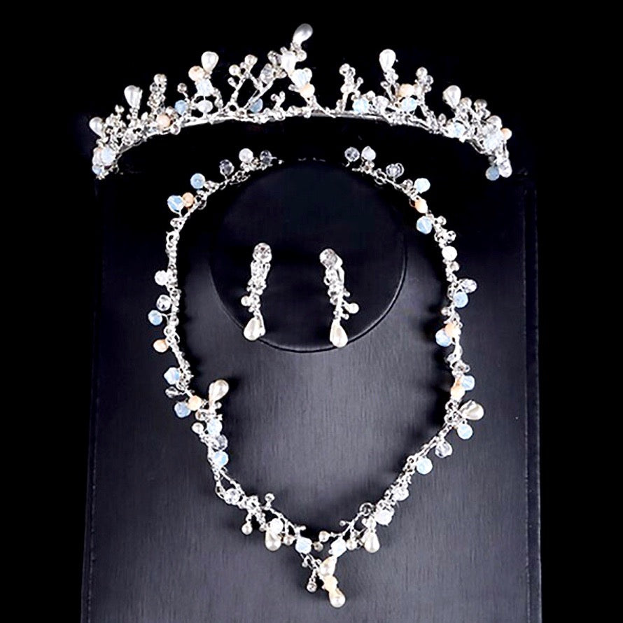 "The Fairy" - Pearl and Cubic Zirconia Bridal 3-Piece Jewelry Set With Tiara - Available in Yellow Gold and Silver