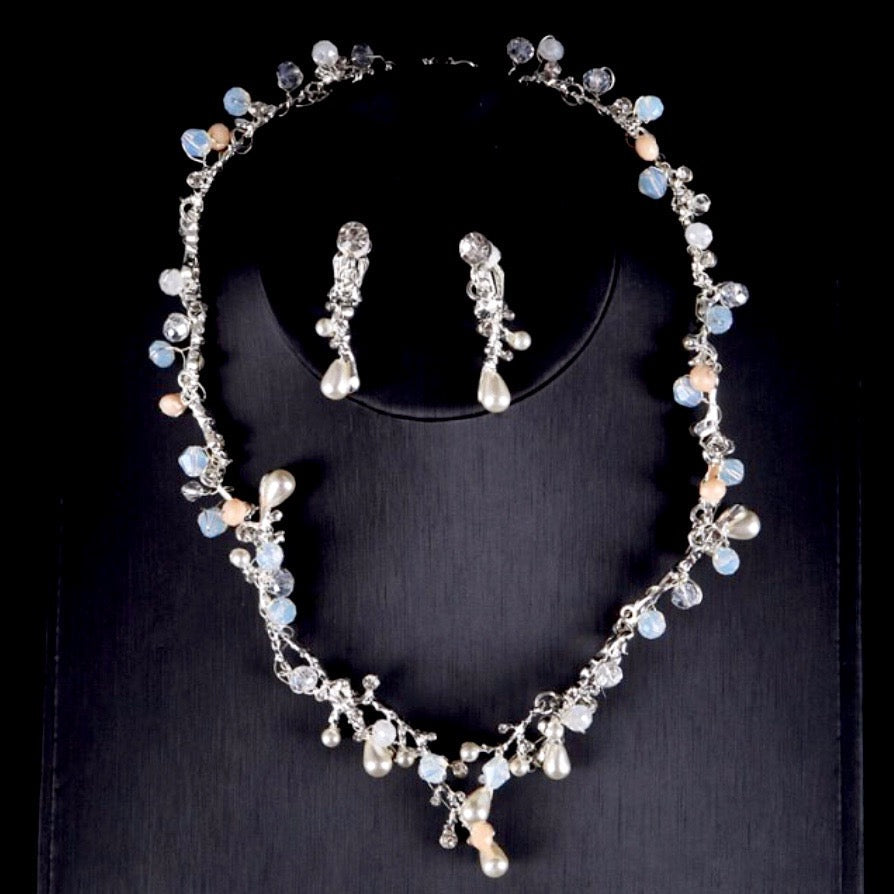 "The Fairy" - Pearl and Cubic Zirconia Bridal 3-Piece Jewelry Set With Tiara - Available in Yellow Gold and Silver