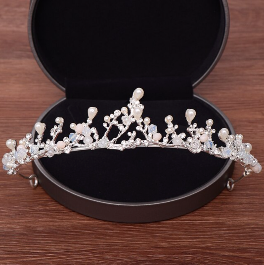"The Fairy" - Pearl and Cubic Zirconia Bridal 3-Piece Jewelry Set With Tiara - Available in Yellow Gold and Silver
