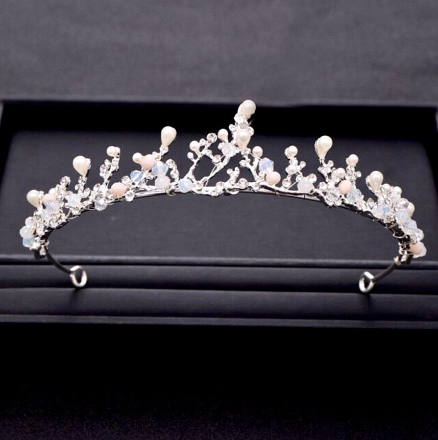 "The Fairy" - Pearl and Cubic Zirconia Bridal 3-Piece Jewelry Set With Tiara - Available in Yellow Gold and Silver