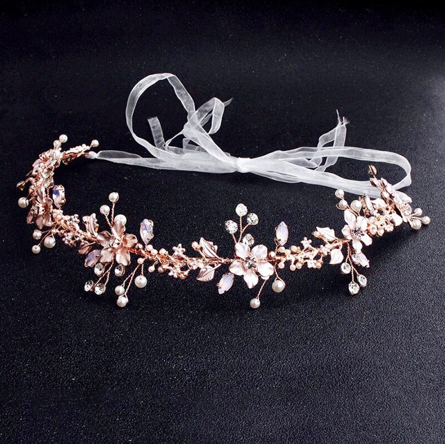 Gracelynn - Rose Gold Swarovski Pearl and Opal Bridal Headband