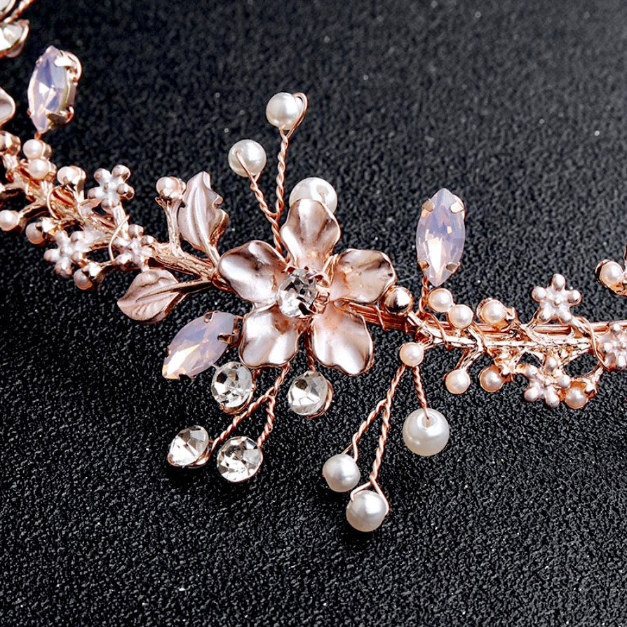 Gracelynn - Rose Gold Swarovski Pearl and Opal Bridal Headband