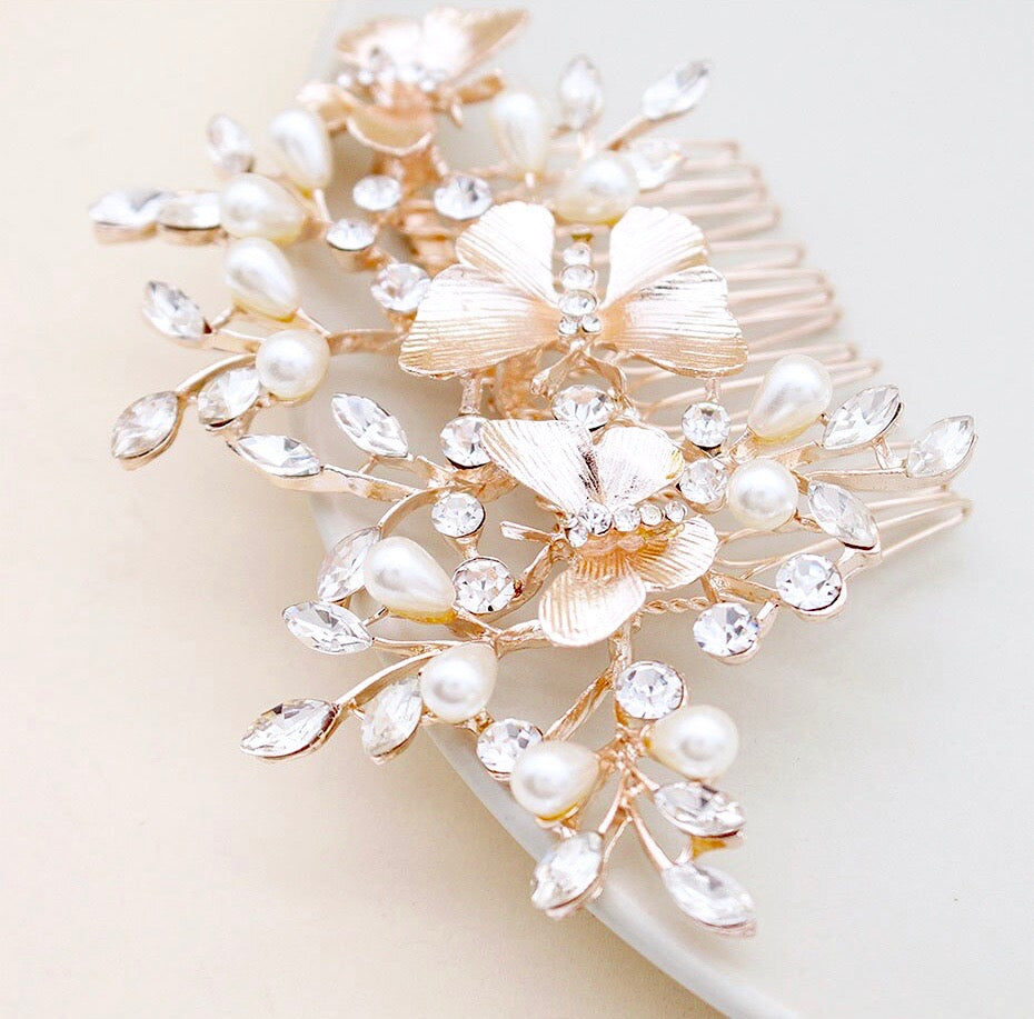 Bindi - Rose Gold Butterfly Bridal Hair Comb
