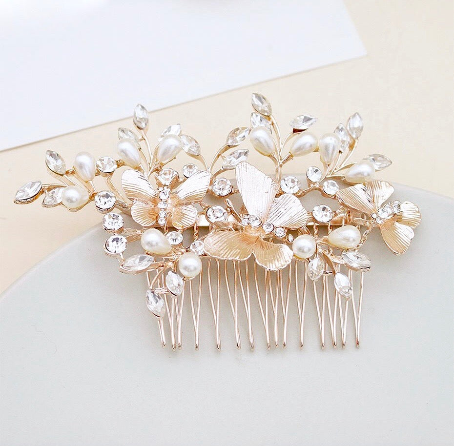 Bindi - Rose Gold Butterfly Bridal Hair Comb
