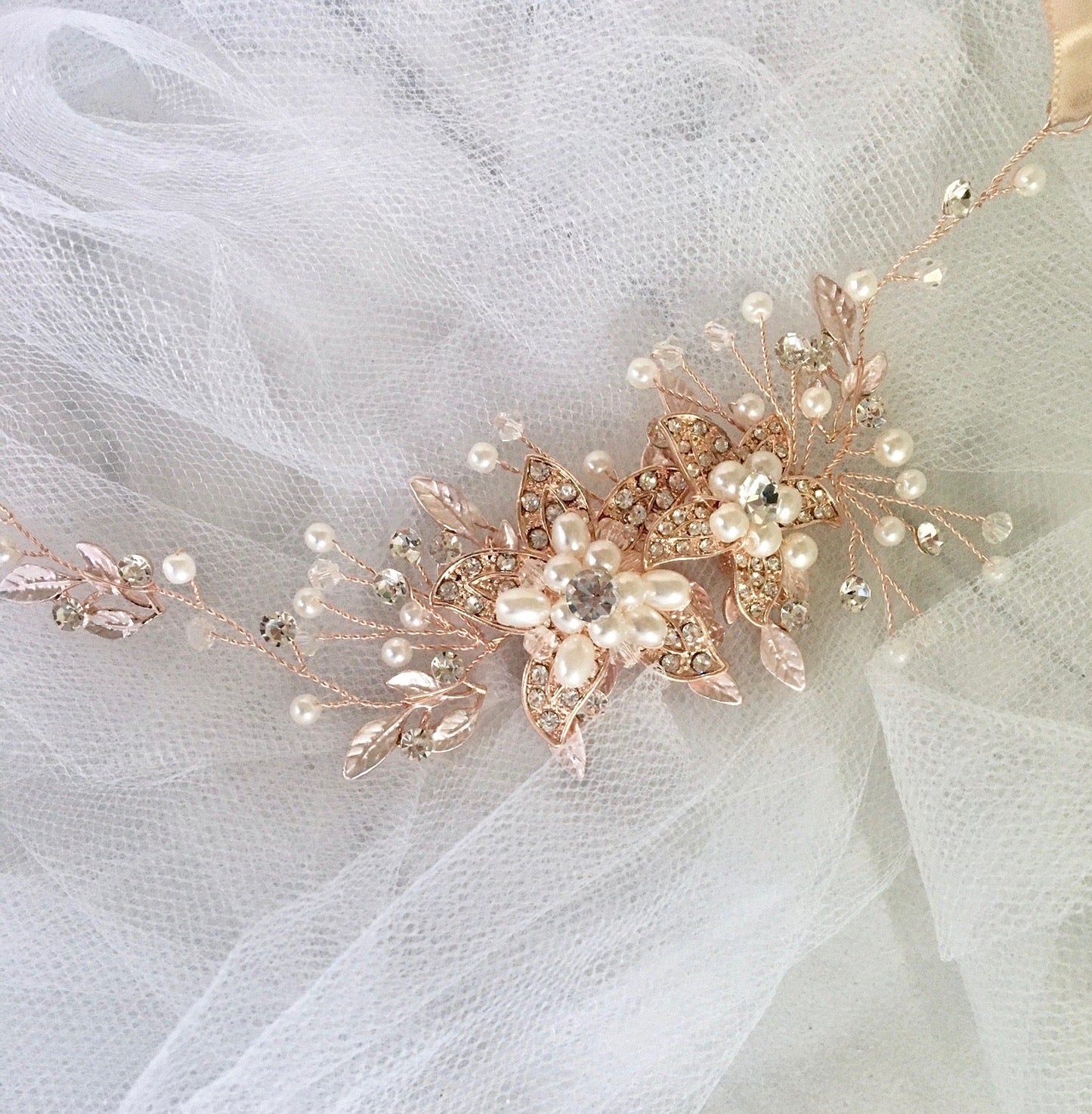 "Ellysia" - Pearl and Crystal Bridal Headband - Available in Silver, Rose Gold and Yellow Gold