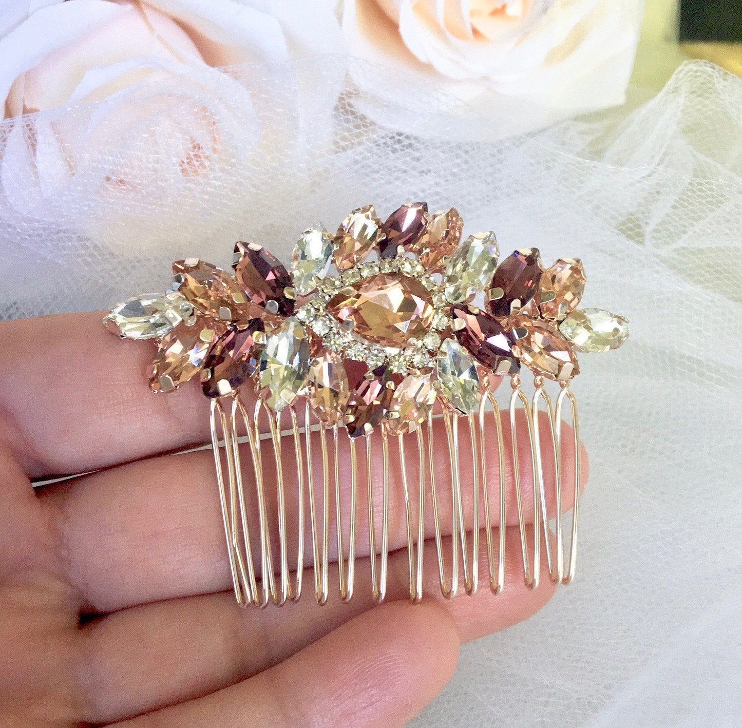 "Rosenna" - Rose Gold Bridal Hair Comb With Matching Earrings
