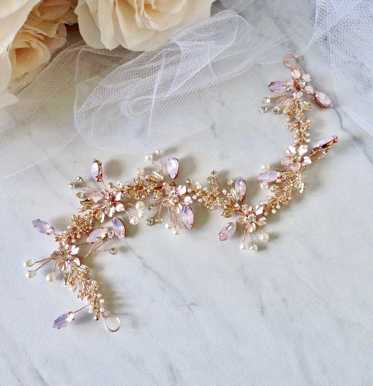 Gracelynn - Rose Gold Swarovski Pearl and Opal Bridal Headband