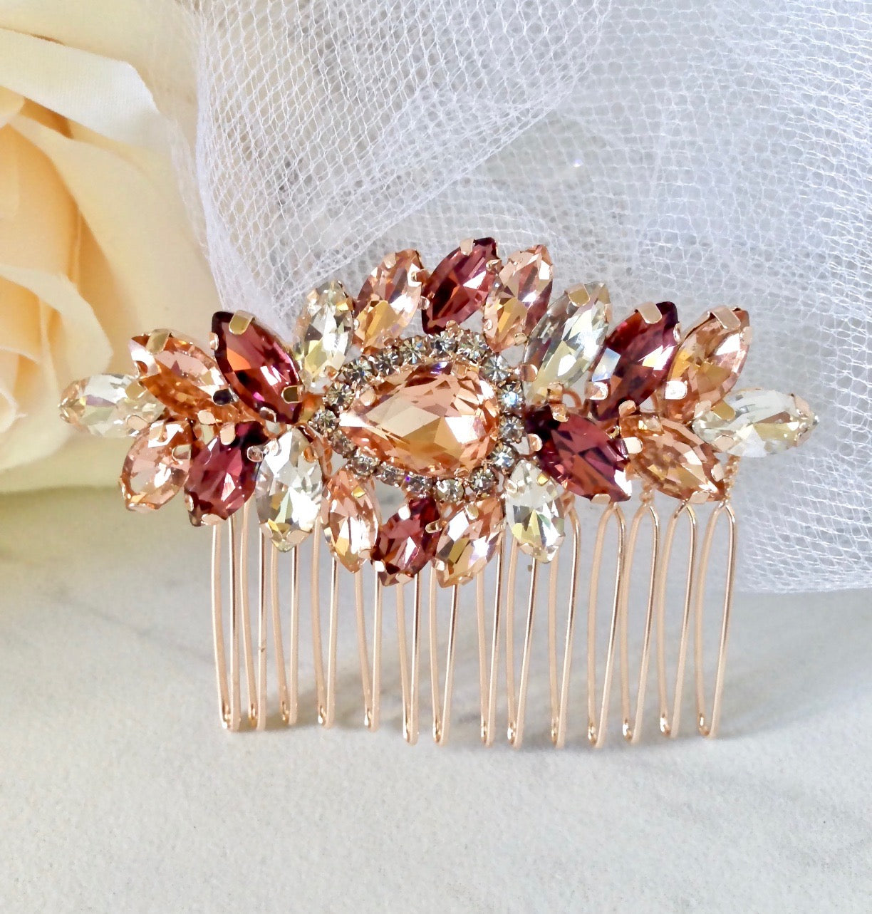 "Rosenna" - Rose Gold Bridal Hair Comb With Matching Earrings