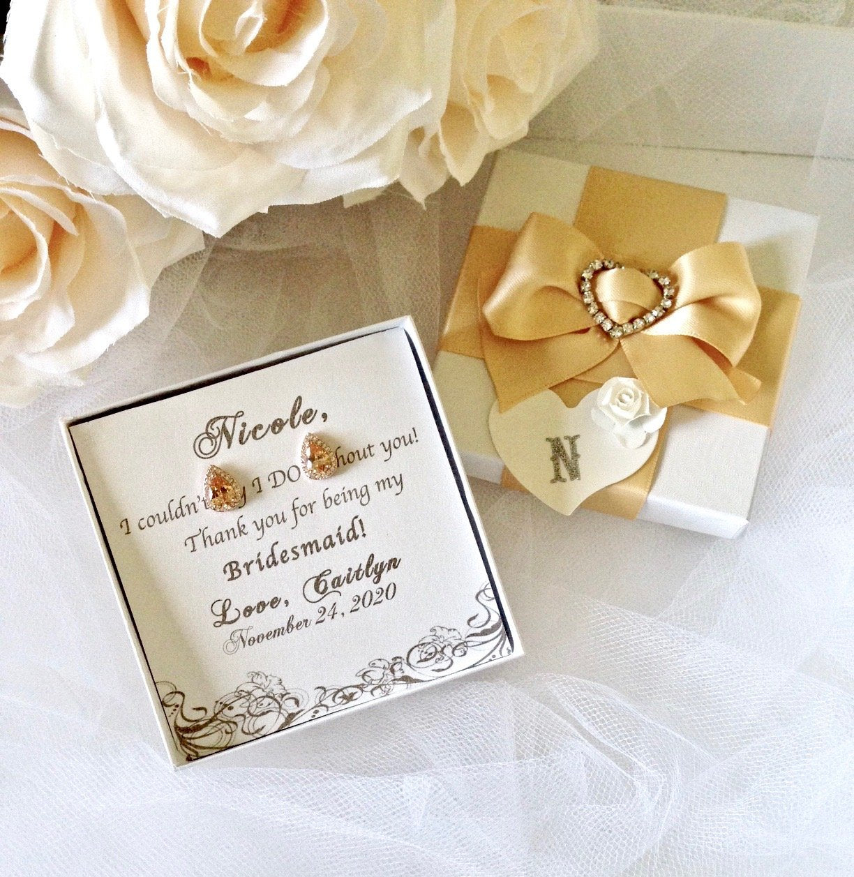 "Rosenna" - Rose Gold Bridal Earrings, Bridesmaids Gift