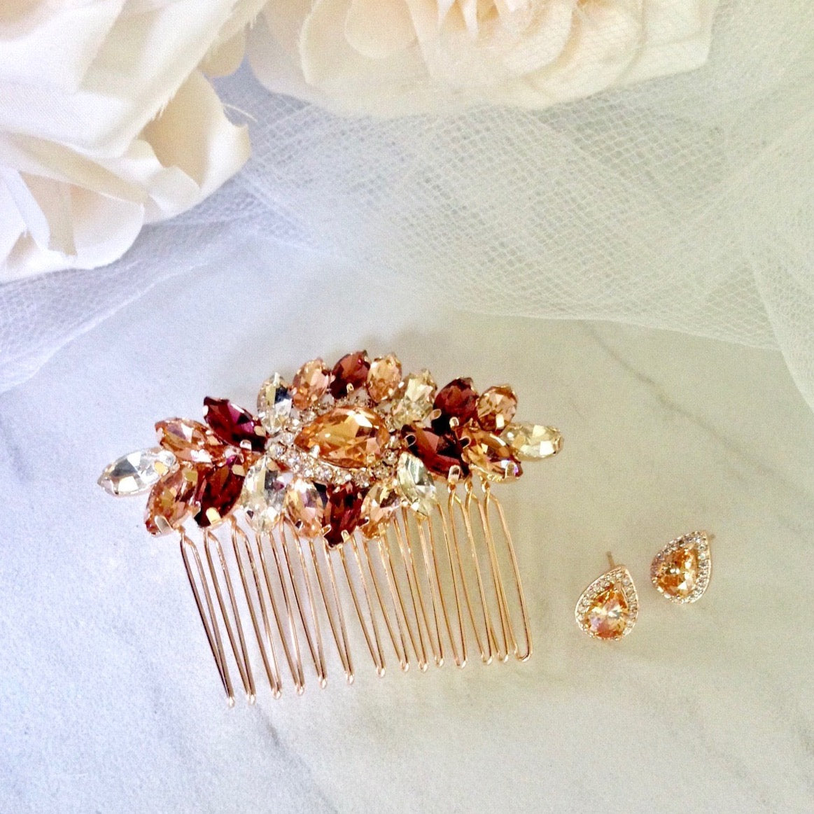 "Rosenna" - Rose Gold Bridal Hair Comb With Matching Earrings