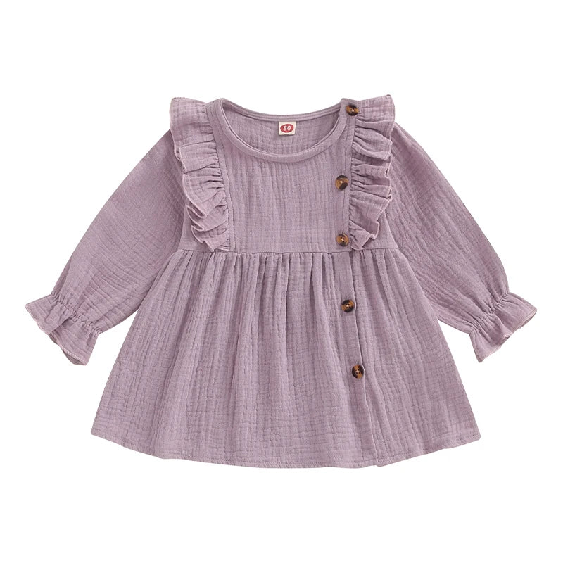Baby Toddler Girls Autumn A-line Princess Poof Long Sleeve Crewneck Solid Color Button Dress