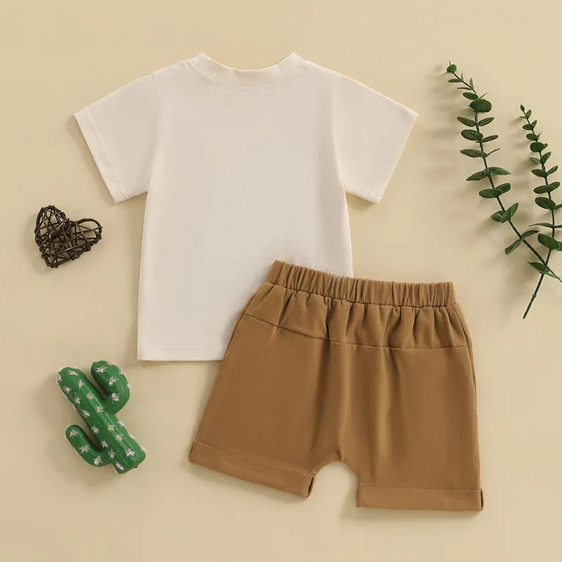 Baby Toddler Boys 2Pcs New To The Herd Summer Outfit Letter Cow Embroidery Round Neck Short Sleeve T-Shirt Top Elastic Waist Shorts Set