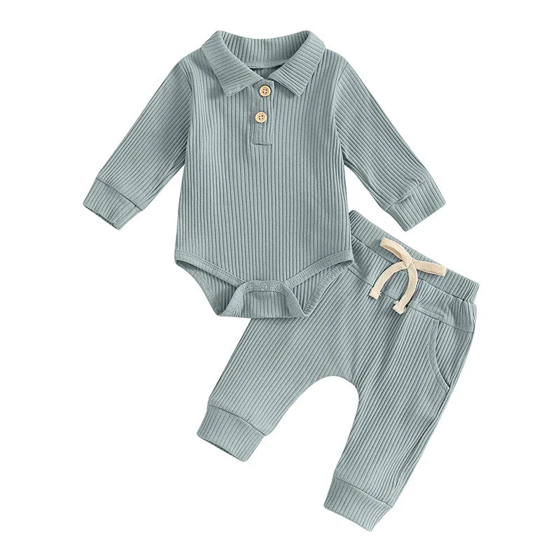 Baby Boys Girls 2Pcs Ribbed Set Button Long Sleeve Romper with Collar Drawstring Pocket Long Pants Outfit Clothes