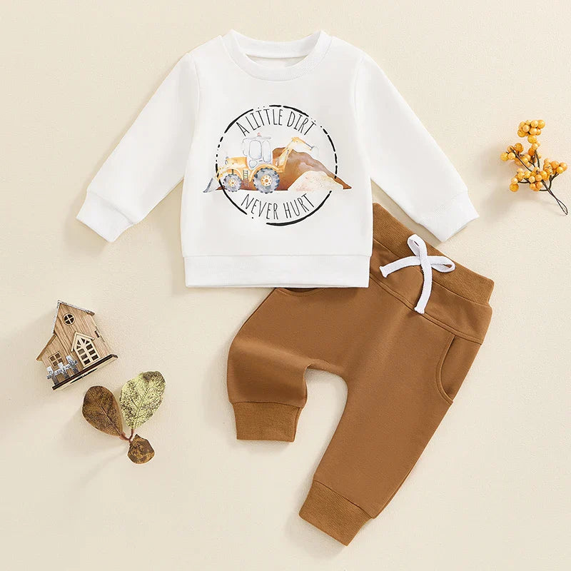 Baby Toddler Boys 2Pcs Fall Outfit A Little Dirt Never Hurt / Farmers Keep America Growing Letter Tractor Print Long Sleeve Top and Long Pants Set
