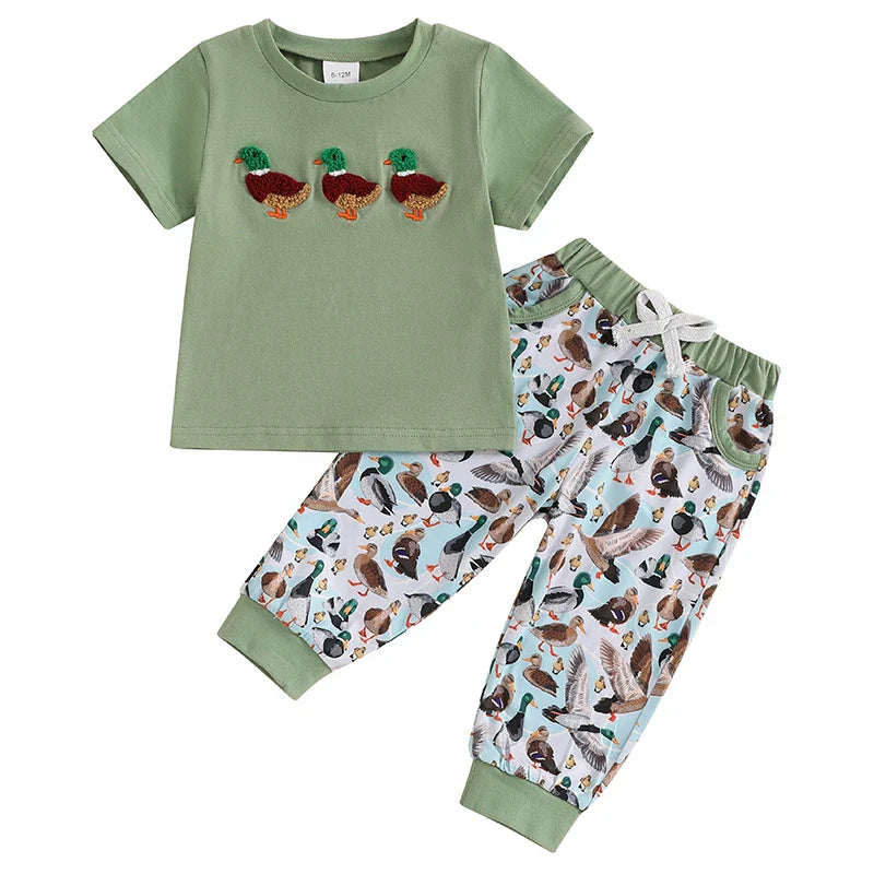 Baby Toddler Boys 2Pcs Outfit Summer Spring Duck Embroidery Short Sleeve T-Shirt Top and Elastic Waist Jogger Pants Set