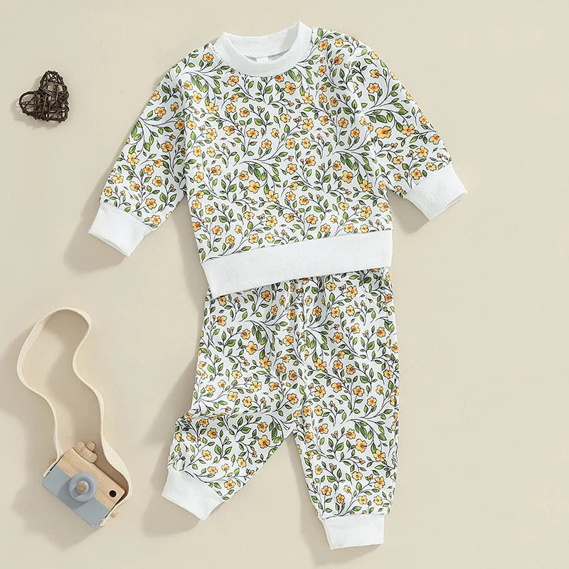 Baby Toddler Girls 2Pcs Outfit Floral Flowers Long Sleeve Crew Neck Top with Elastic Waist Pants Set