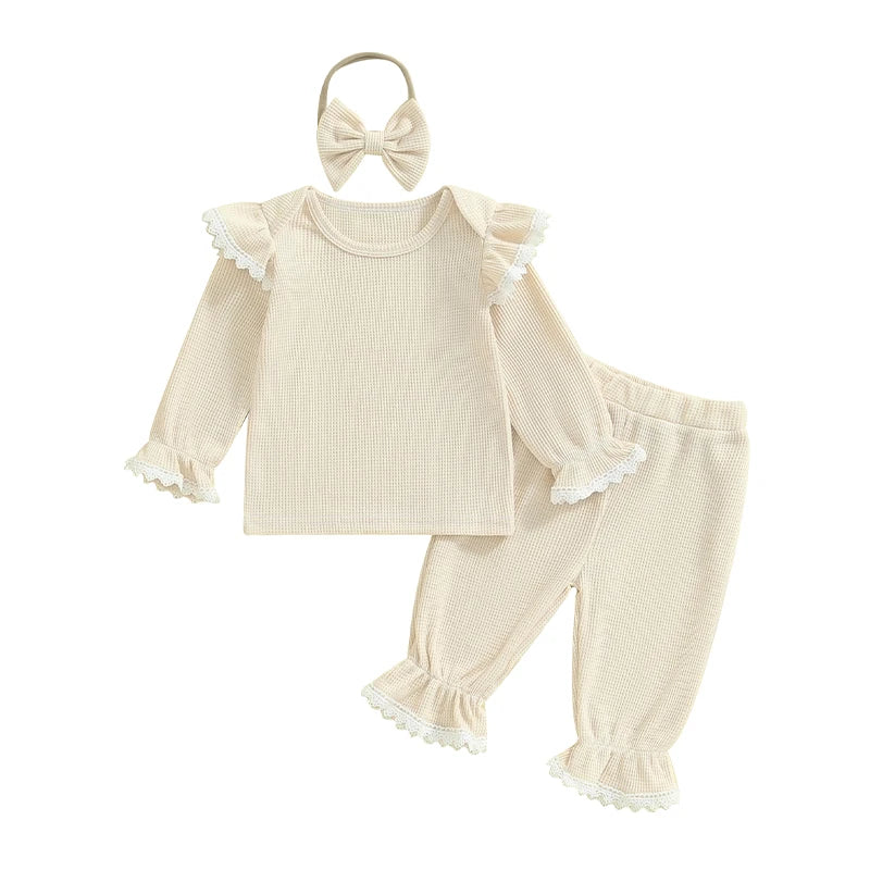 Baby Toddler Girls 3Pcs Waffle Set Lace Trim Long Sleeve Ruffled Top Elastic Waist Long Pants Hairband Outfit