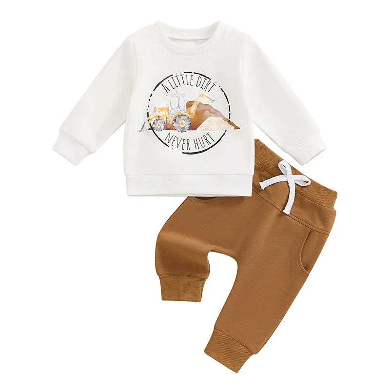 Baby Toddler Boys 2Pcs Fall Outfit A Little Dirt Never Hurt / Farmers Keep America Growing Letter Tractor Print Long Sleeve Top and Long Pants Set