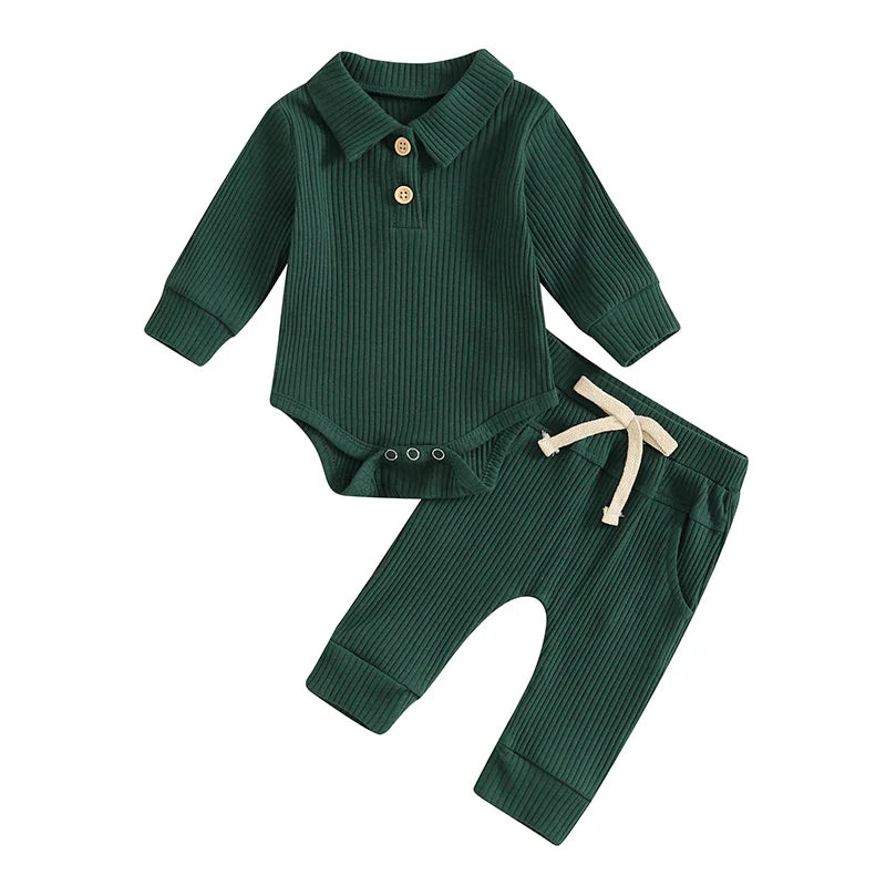 Baby Boys Girls 2Pcs Ribbed Set Button Long Sleeve Romper with Collar Drawstring Pocket Long Pants Outfit Clothes