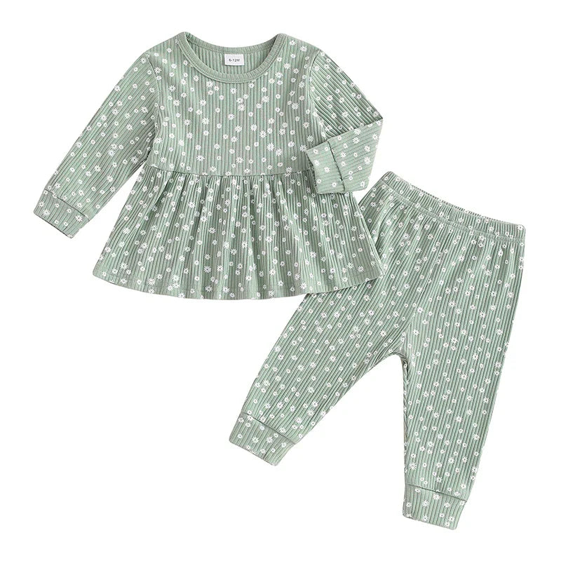 Toddler Kids Girls 2Pcs Fall Outfit Floral Flowers Print Crew Neck Long Sleeve Babygirl Top Elastic Waist Long Pants Set