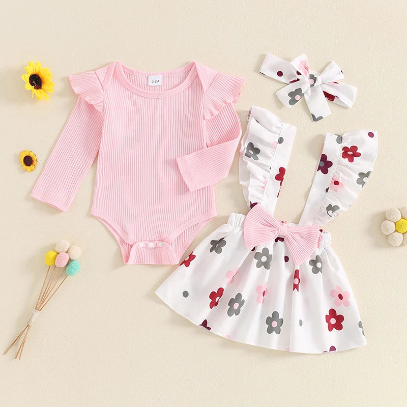 Baby Girls 3Pcs Fall Outfit Long Sleeve Ribbed Romper + Bow Suspender Flower Print Skirt + Headband Set