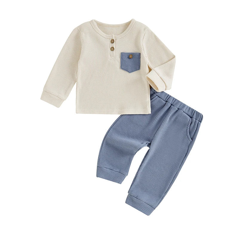 Baby Toddler Boy 2Pcs Outfit Long Sleeve Waffle Pocket Button Top + Pants Set