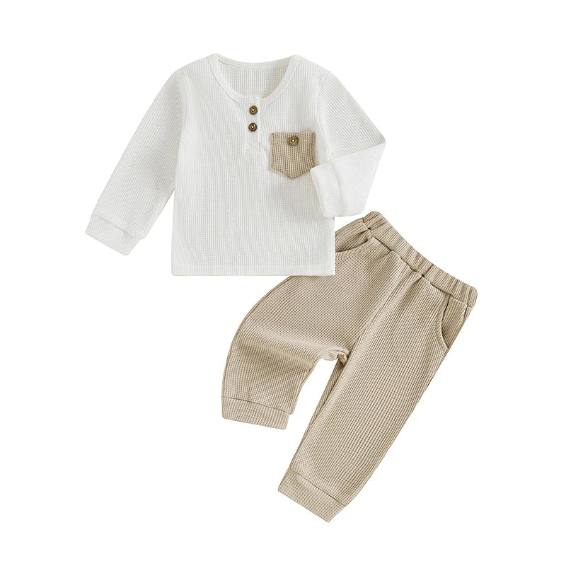 Baby Toddler Boy 2Pcs Outfit Long Sleeve Waffle Pocket Button Top + Pants Set