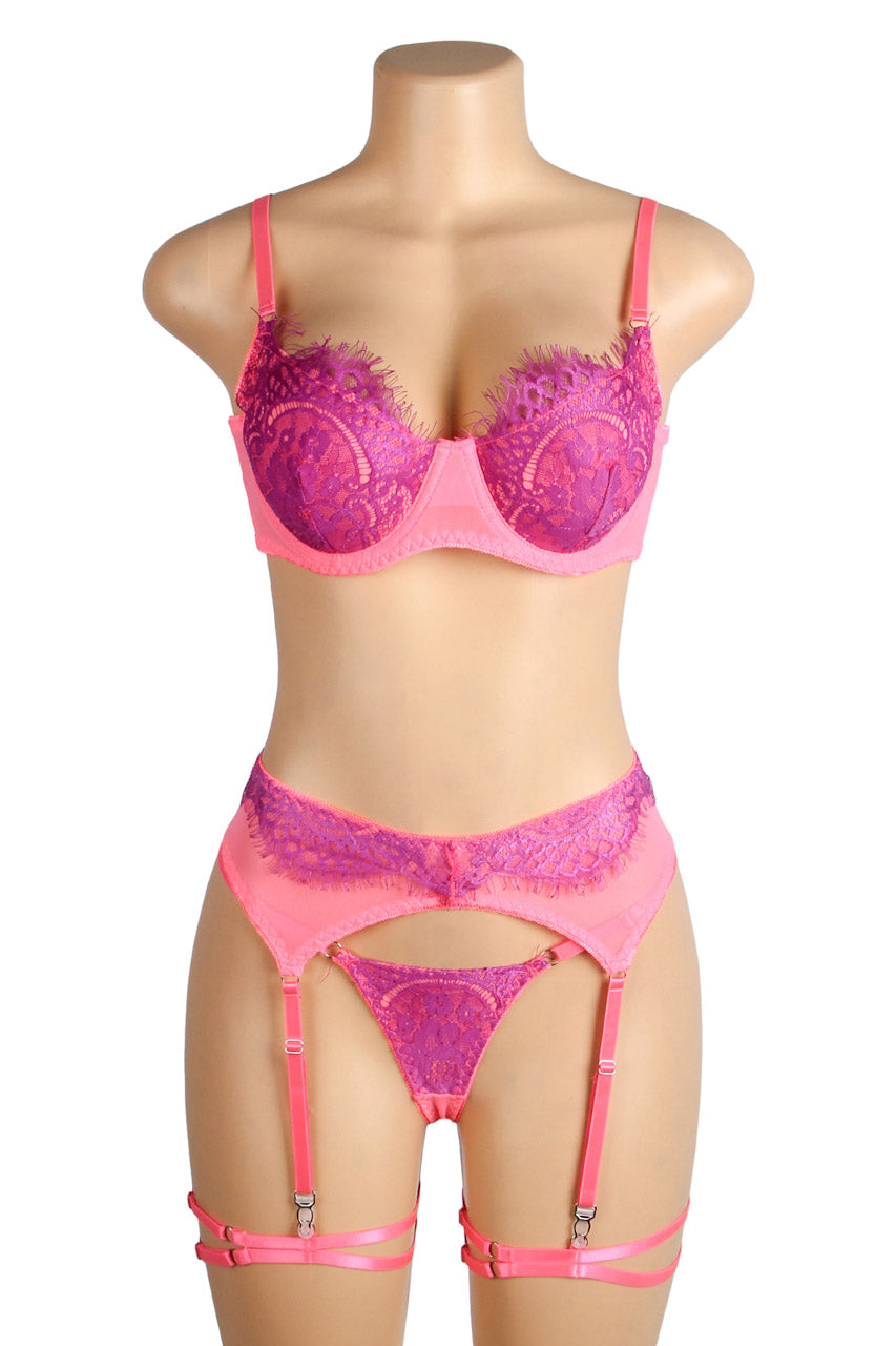 Neon Lace Bra and Garter Set