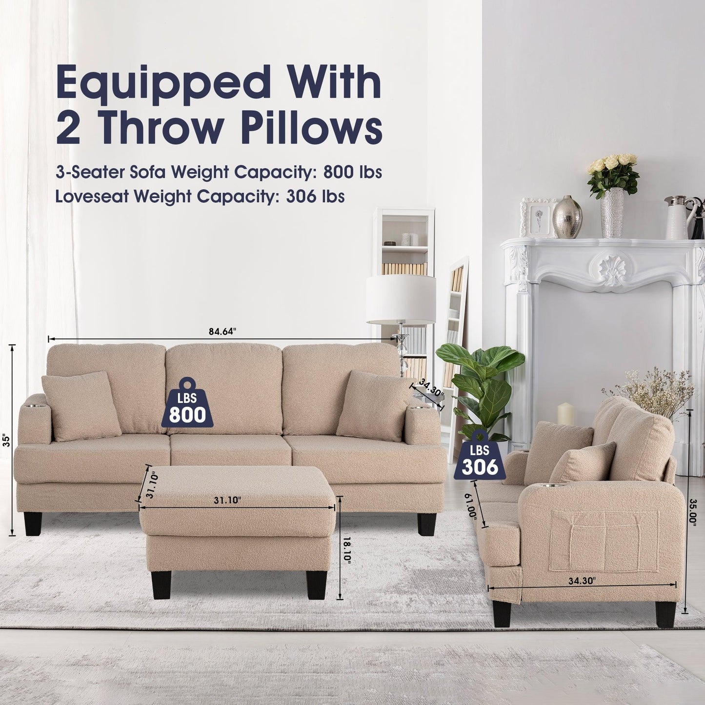 Beige 3-Piece Sofa Set with Storage Ottoman & USB Charging