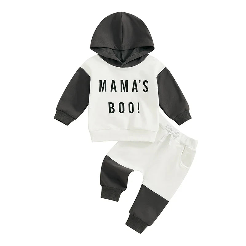 Baby Toddler Boys 2Pcs Mama's Boy Fall Outfit Letter Print Contrast Color Hooded Long Sleeve Top and Long Pants Set
