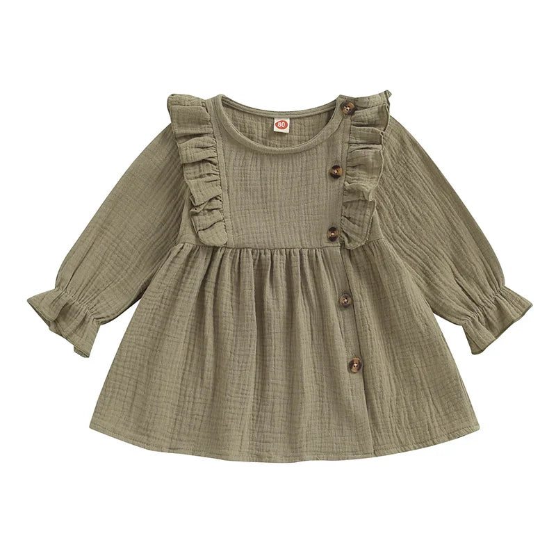 Baby Toddler Girls Autumn A-line Princess Poof Long Sleeve Crewneck Solid Color Button Dress