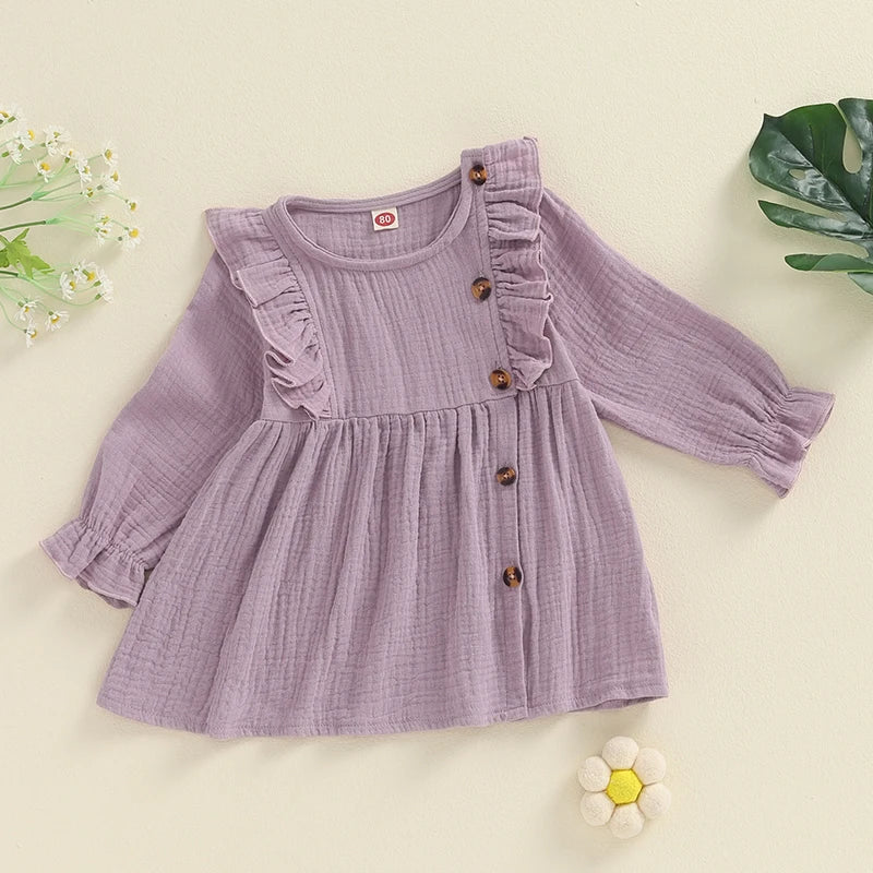 Baby Toddler Girls Autumn A-line Princess Poof Long Sleeve Crewneck Solid Color Button Dress