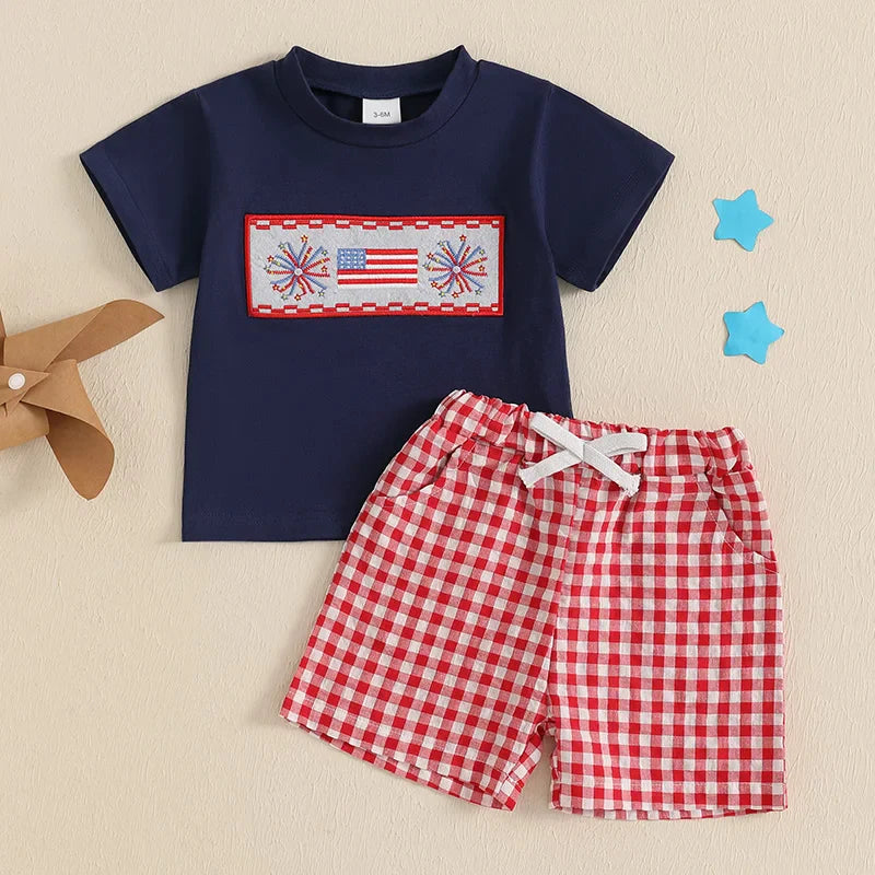 Baby Toddler Boys 2Pcs 4th of July Outfit Short Sleeve Truck/Flag Embroidery T Shirt Top + Shorts Set Clothes