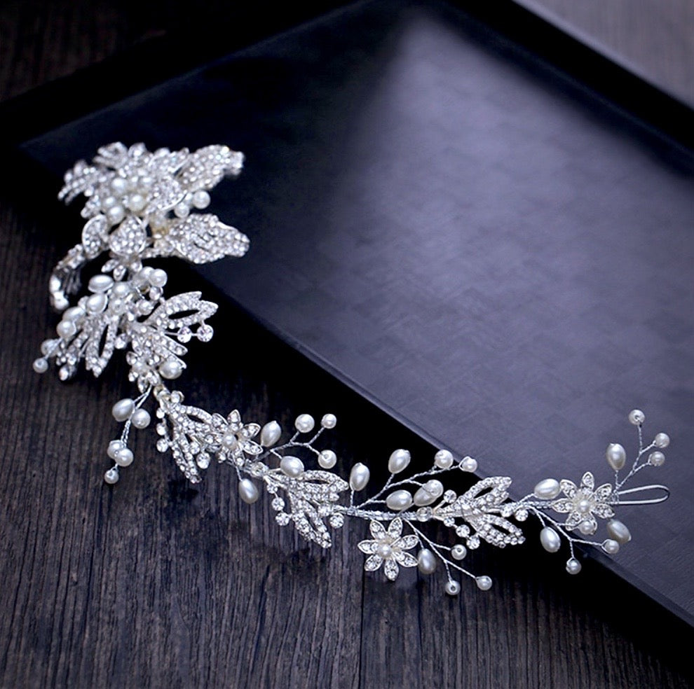"Robin" - Silver Pearl and Crystal Bridal Headband