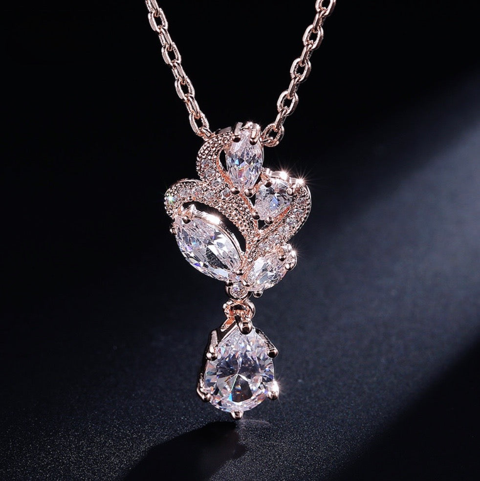 Lotus - Cubic Zirconia Bridal Necklace and Earrings Set - Available in Silver and Rose Gold