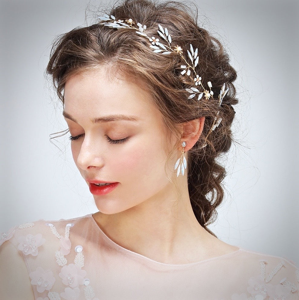 "Fabienne" - Gold Opal Bridal Headband/Hair Vine With Matching Earrings
