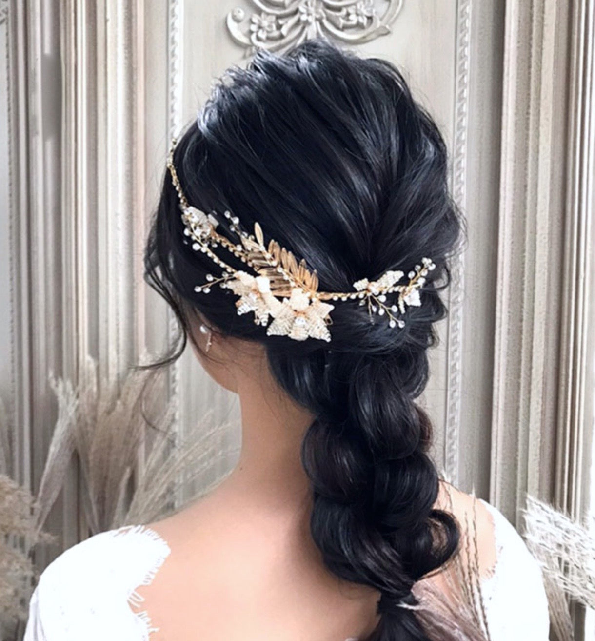 "Cherry" - Gold Pearl Bridal Hair Vine