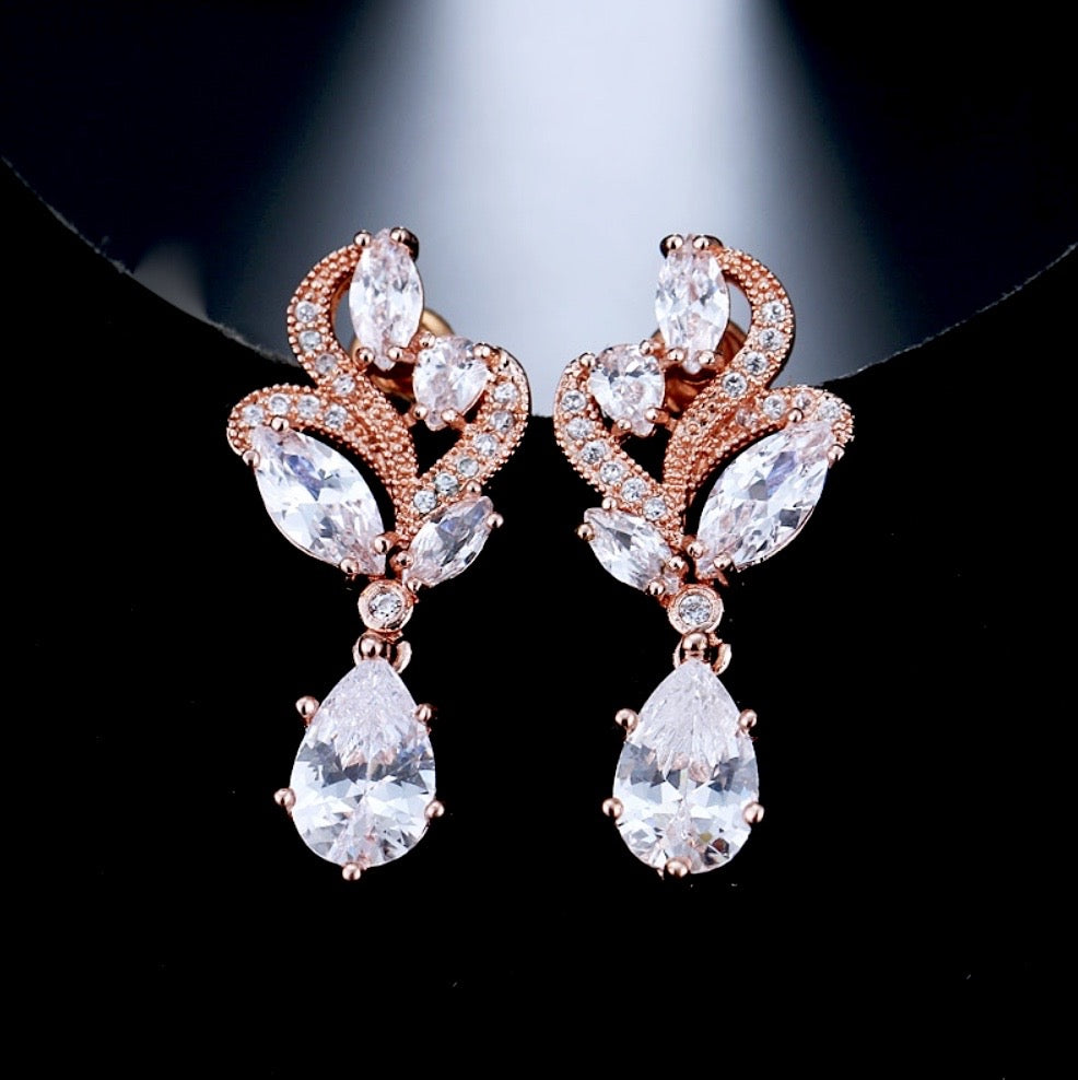 Lotus - Cubic Zirconia Bridal Necklace and Earrings Set - Available in Silver and Rose Gold