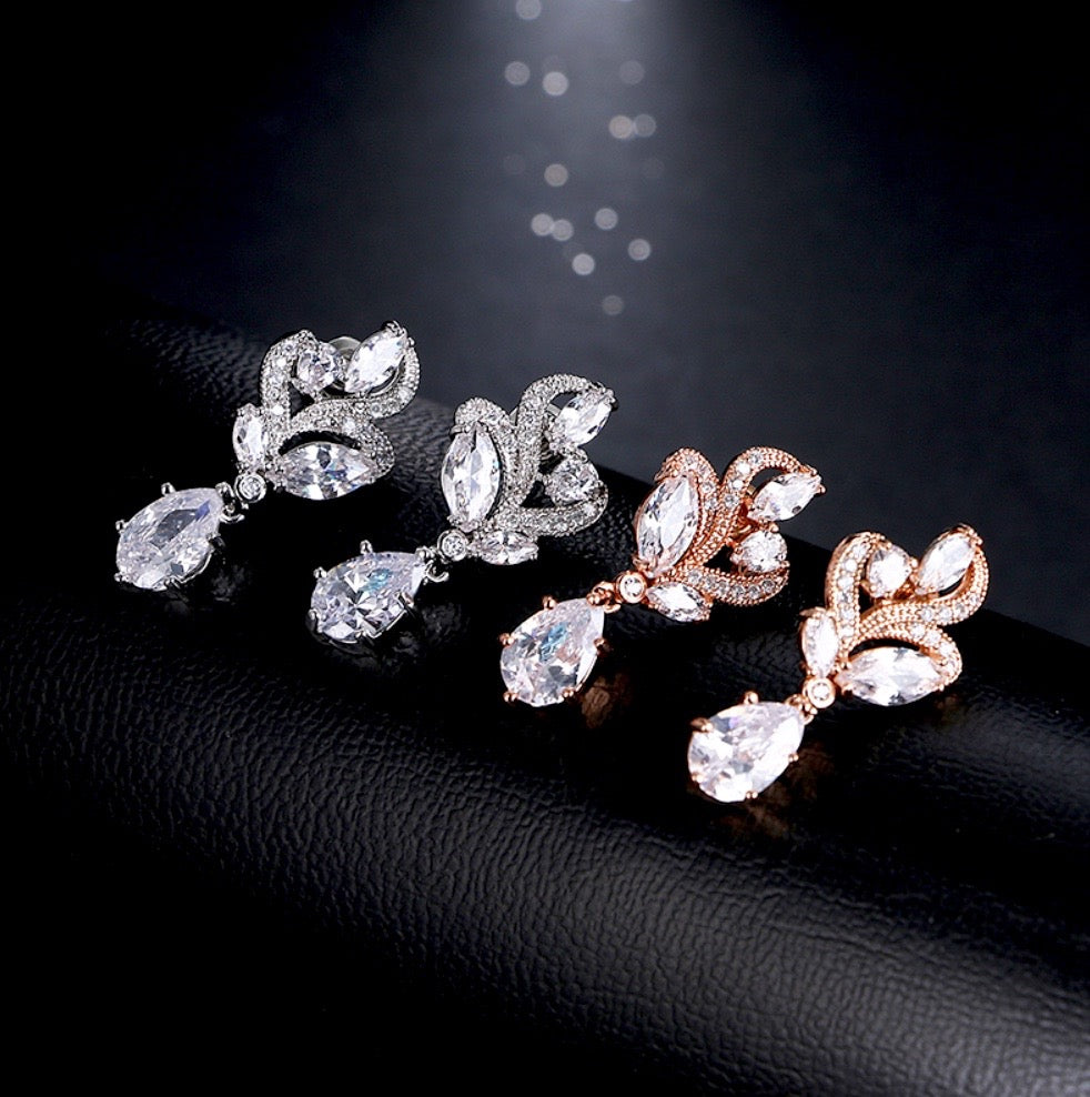Lotus - Cubic Zirconia Bridal Necklace and Earrings Set - Available in Silver and Rose Gold