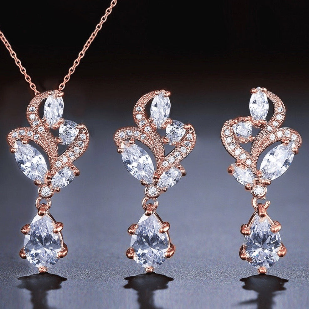 Lotus - Cubic Zirconia Bridal Necklace and Earrings Set - Available in Silver and Rose Gold