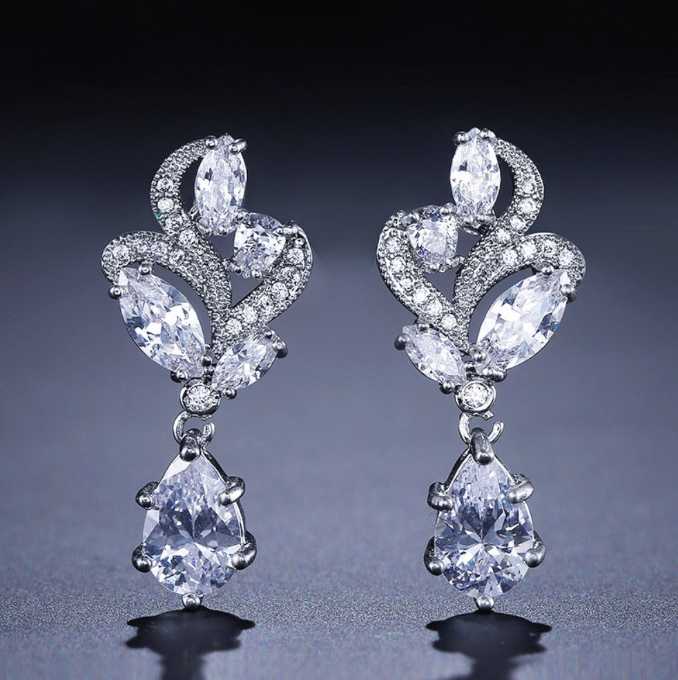 Lotus - Cubic Zirconia Bridal Necklace and Earrings Set - Available in Silver and Rose Gold