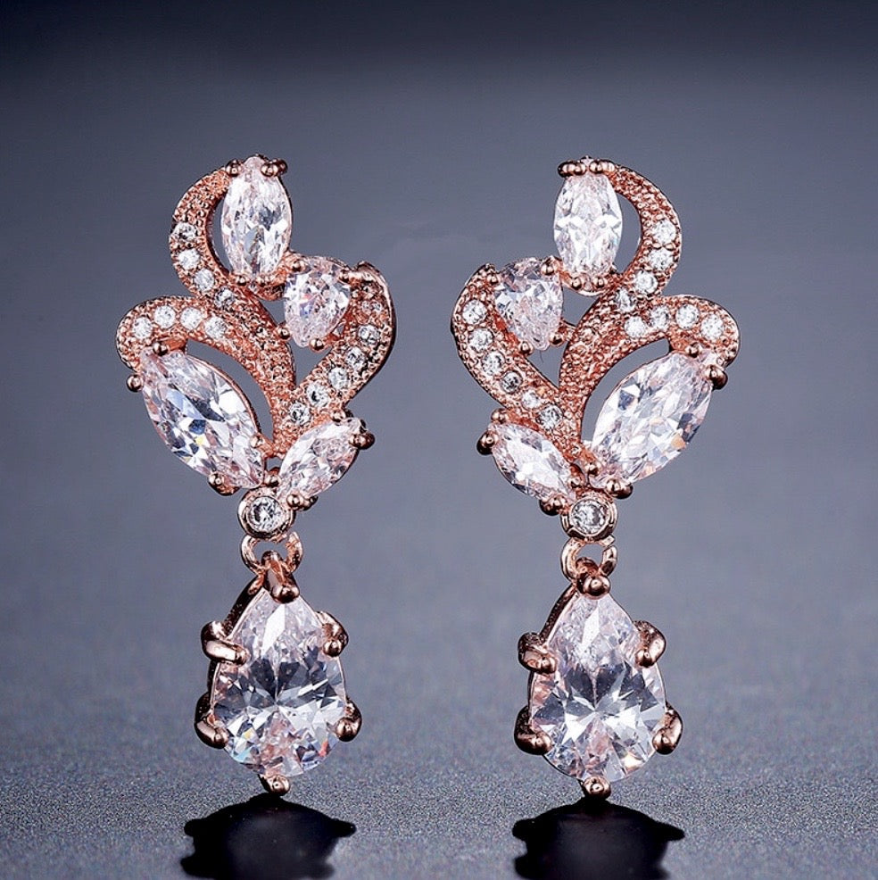Lotus - Cubic Zirconia Bridal Necklace and Earrings Set - Available in Silver and Rose Gold