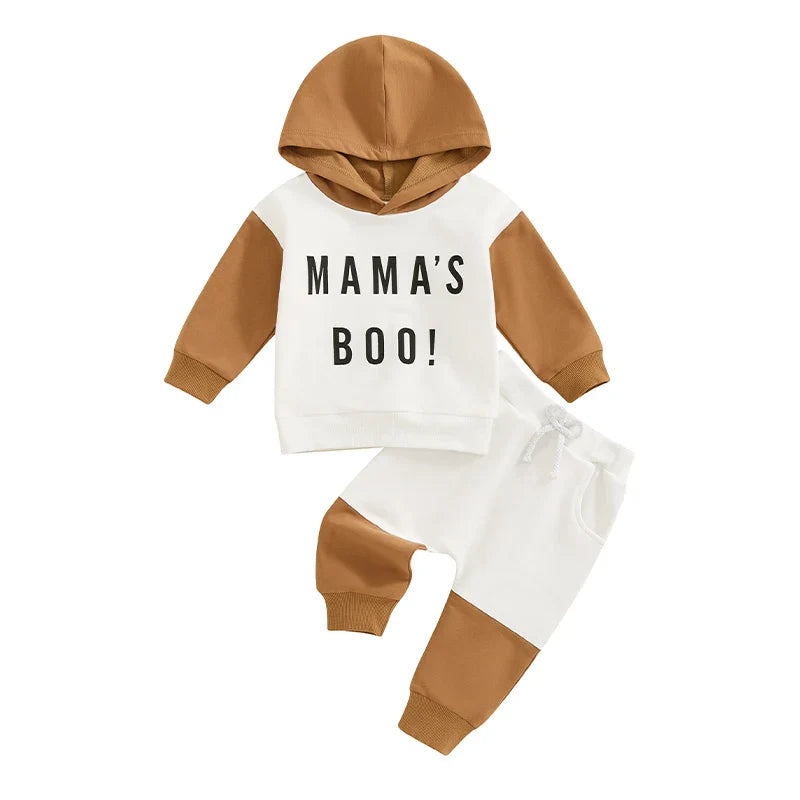 Baby Toddler Boys 2Pcs Mama's Boy Fall Outfit Letter Print Contrast Color Hooded Long Sleeve Top and Long Pants Set