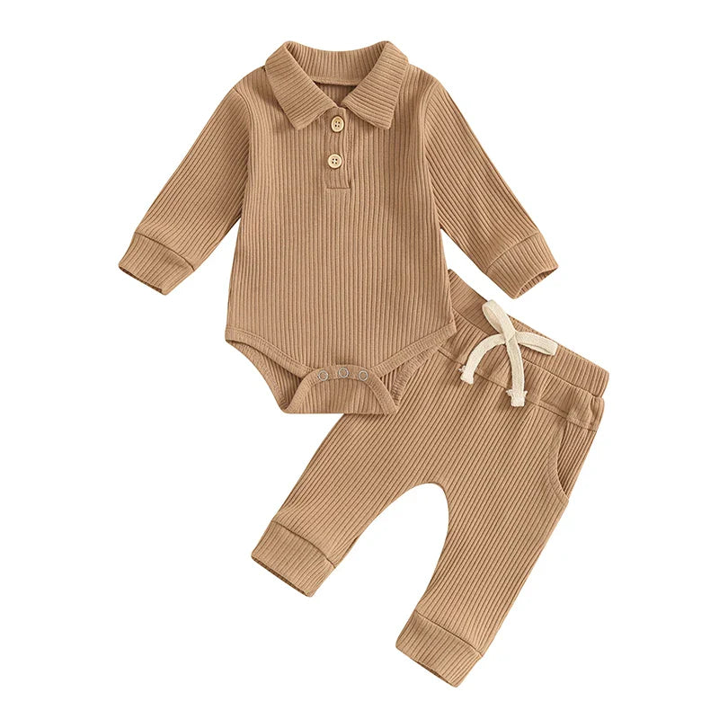 Baby Boys Girls 2Pcs Ribbed Set Button Long Sleeve Romper with Collar Drawstring Pocket Long Pants Outfit Clothes