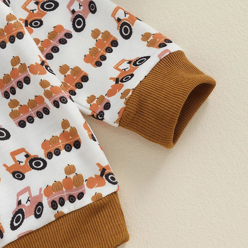 Baby Toddler Boys 2Pcs Halloween Outfit Pumpkin Trailer Tractor Print Long Sleeve Top and Long Pants Fall Set