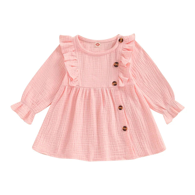 Baby Toddler Girls Autumn A-line Princess Poof Long Sleeve Crewneck Solid Color Button Dress