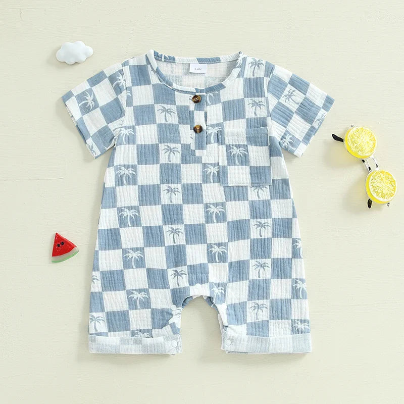 Baby Boy Romper Summer Short Sleeve Round Neck Checkered Tree Print Jumpsuit Playsuit