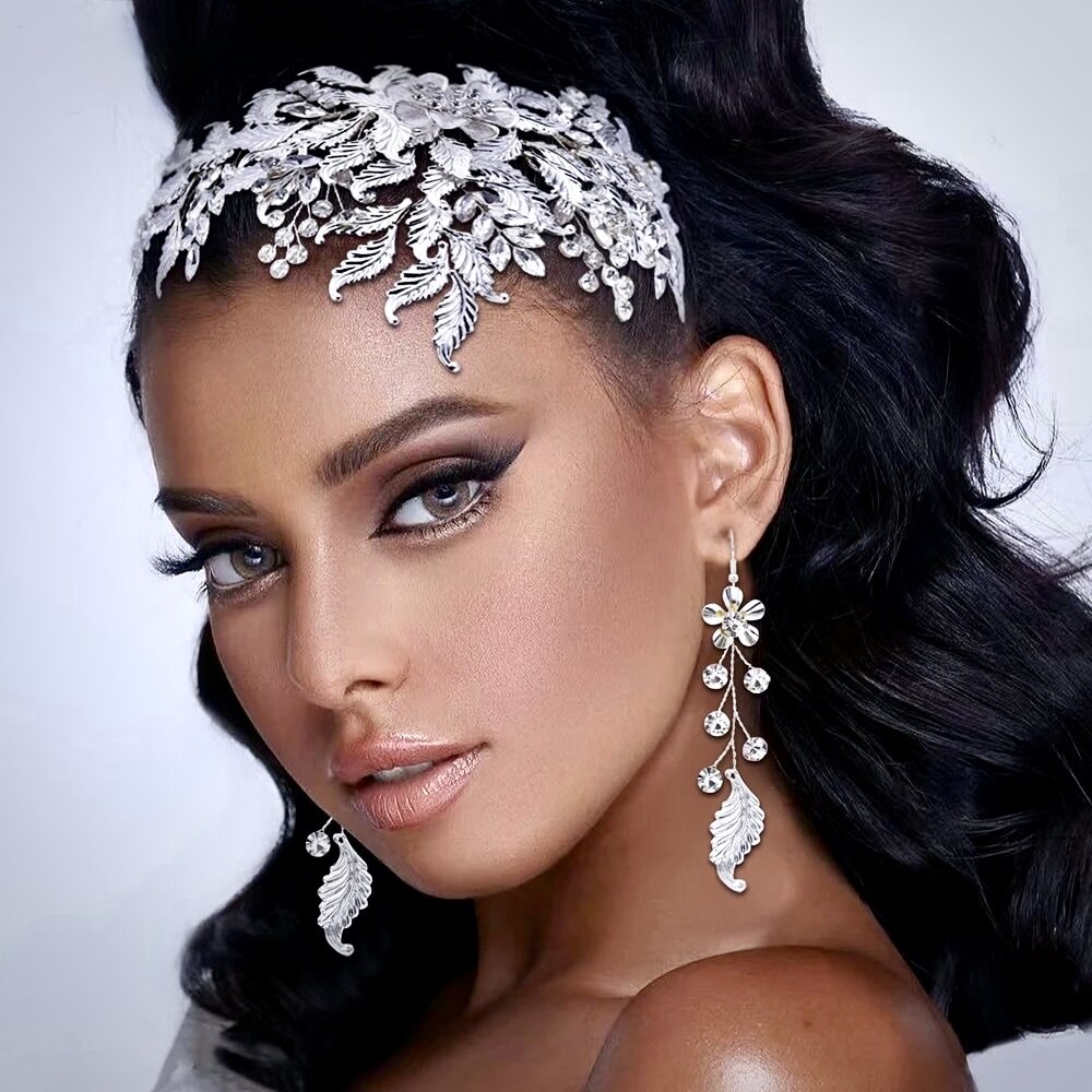 Berry - Silver Crystal Bridal Headdress and Earrings Set